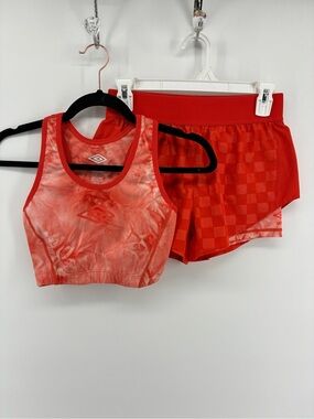 Umbro Orangey Red Tie-Dye Sports Bra & Red Checkerboard Shorts Set